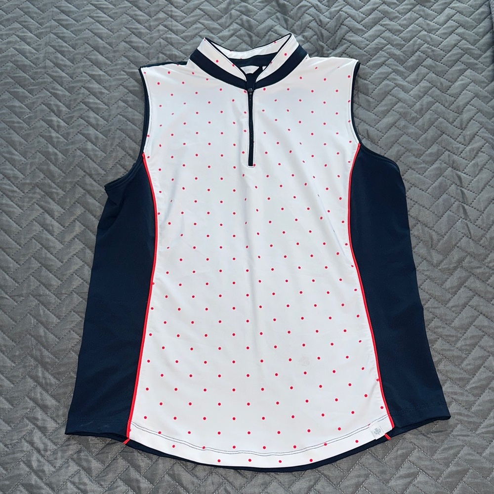 Lady Hagen Navy and White Polka Dot Sleeveless Blouse